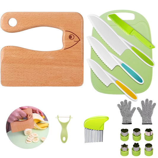 Children's Knife 16-piece children's kitchen knife set for cutting and cooking fruit or vegetables for toddlers, including wooden knife cutting board peeler children's scissors cookie cutters (fish)