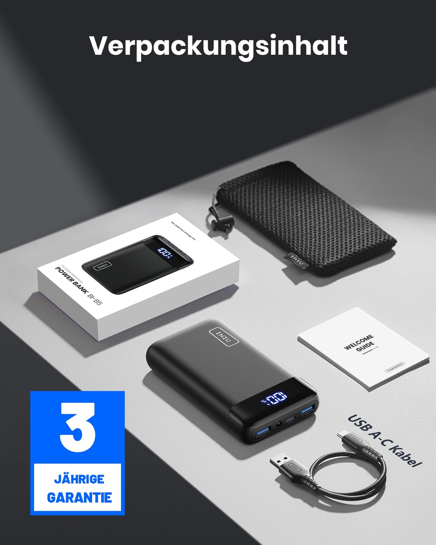 INIU Power Bank, 20000mAh 22.5W Mini Fast Charging Portable Charger 1 USB-C, 2 USB-A External Battery Packs LED Display, Battery Pack for iPhone 17 16 15 14 13 Xiaomi Samsung iPad Travel Camping Outdoor