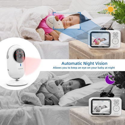 TakTark video baby monitor with camera, 3.2'' screen, zoom, VOX function, 2-way talk, night vision, temperature monitoring.