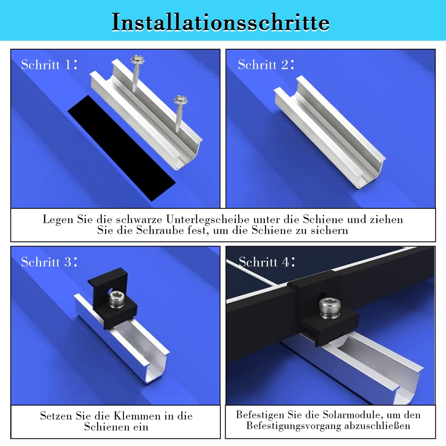 Philtool Solar Panel Mounting Kit, 12cm Aluminum Profile Rails and Accessories, Black Anodized, 30-35mm Adjustable Mount for Solar Panels, Panel Bracket for Flat Roof, Trapezoidal Roof, Sheet Metal Roof.