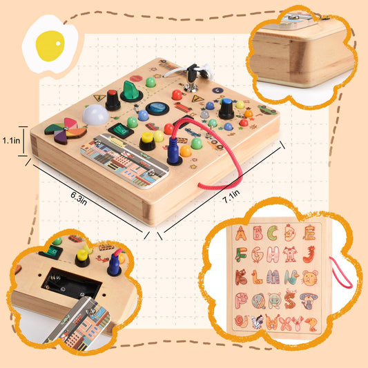 Nauotk Busy Board Montessori Toy for 2-year-old Babies, Motor Skills Toy with 19 LED lights, Wooden Sensory Toy, Educational Toy for Toddlers, Gift for Boys and Girls aged 2, 3, 4 years.