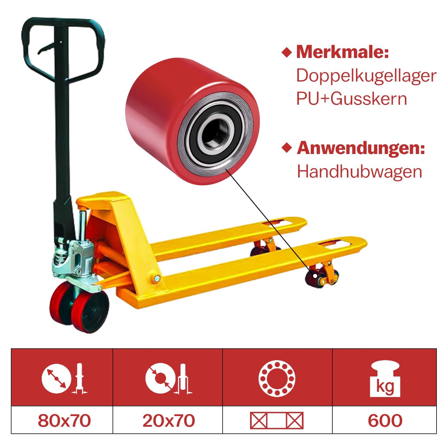 4 pieces of pallet truck wheels Polyurethane 80 x 70 mm, axle 20 mm incl. ball bearings. Wheels for pallet trucks replacement wheels, Max. load 600 KG.