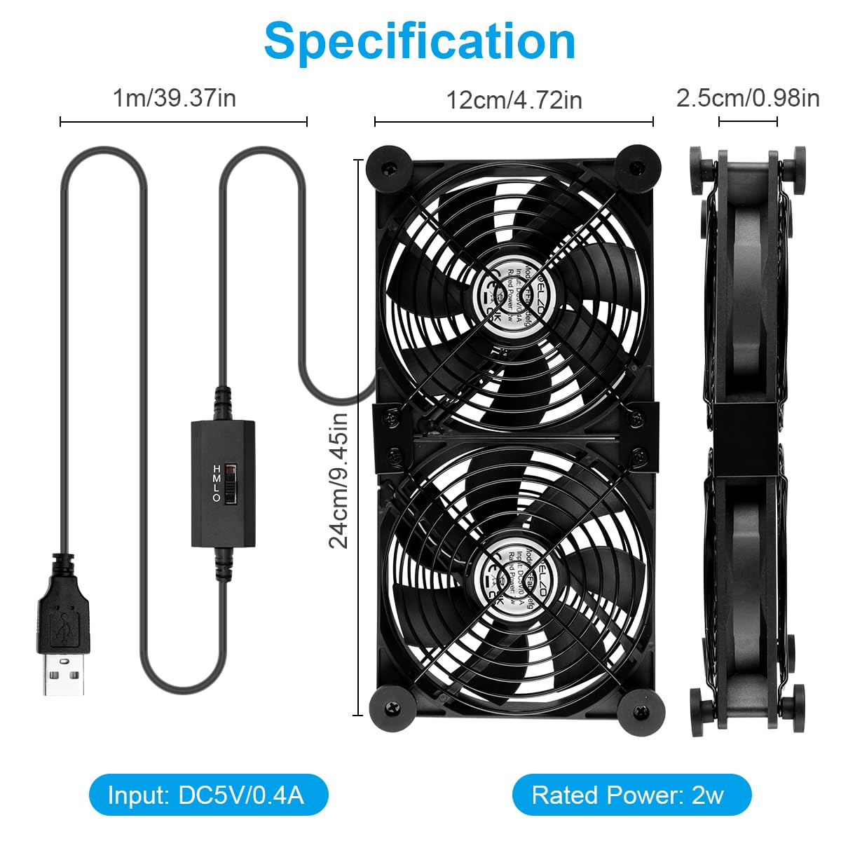 ELZO 2 in 1 Dual USB Fan 120mm 5V, Double USB Fan 120mm PC Computer Fan with 3 Adjustable Speeds 12cm with 8 Shock-Absorbing Feet for PS5 PS4/Laptop/TV Box/Router