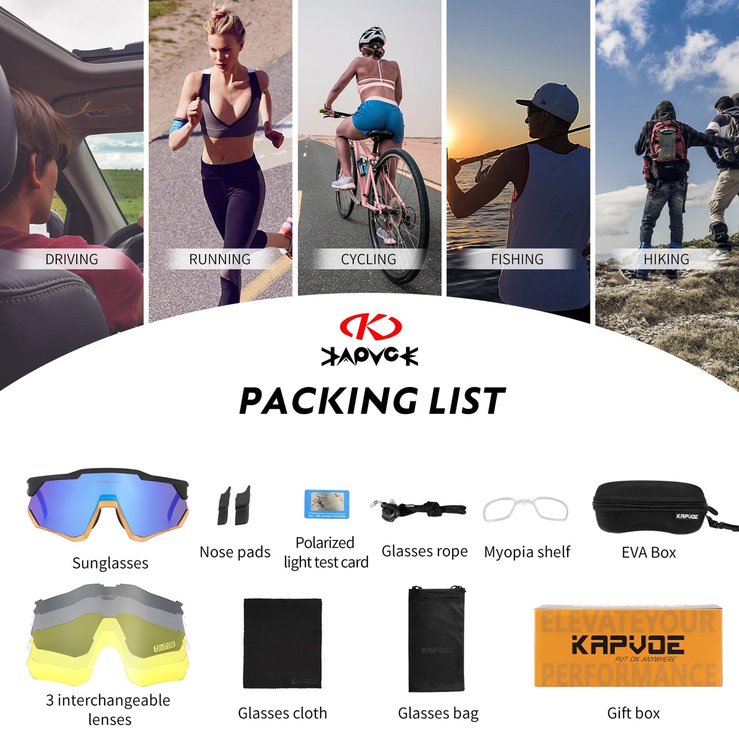 KAPVOE Polarized Cycling Glasses with 4 interchangeable lenses TR90 frame for men women outdoor sports cycling MTB sports sunglasses biking glasses driving fishing running baseball Blue Black 01