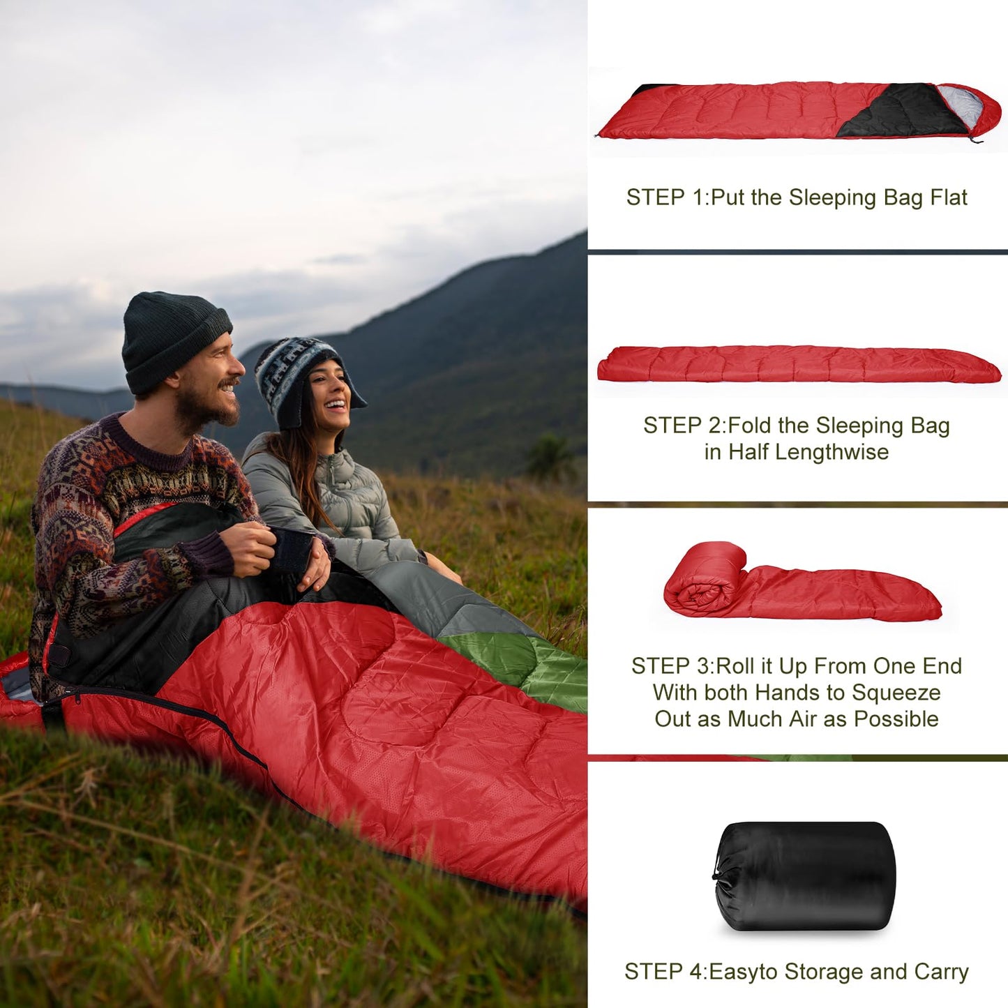 YARMINE sleeping bag, 3-4 seasons, outdoor camping gear for adults and kids. Portable, rectangular, soft, thick, and warm in red and black. Perfect for outdoor activities like hiking and travel.
