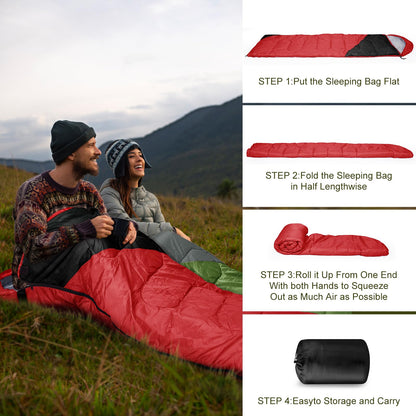 YARMINE sleeping bag, 3-4 seasons, outdoor camping gear for adults and kids. Portable, rectangular, soft, thick, and warm in red and black. Perfect for outdoor activities like hiking and travel.