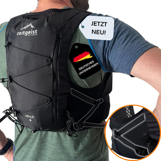 zeitgeist OUTDOOR® running vest for women and men 4L | optimal fit | breathable | ultra-light running backpack 210gr hydration pack running cycling backpack trail running backpack - (XS/S, black)