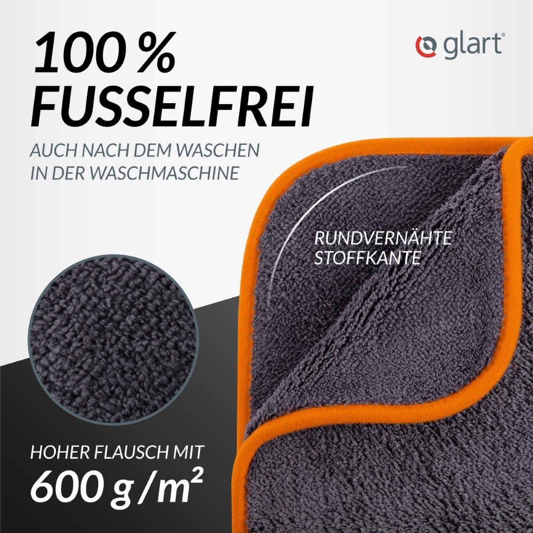 Glart 443TPO Microfiber Cloths 3-Pack - 600 GSM - 40x40 cm - Plush Car Polishing Cloths for Drying & Care - Ultra-soft, lint-free & absorbent - For car care, motorcycle, boat & household