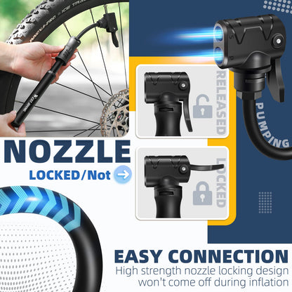 West Biking Mini Bike Pump - Aluminum Bicycle Air Pump for all valves, portable small bike pump, quick tire inflation. Lightweight mini bike pump for MTB road bike ball pump.