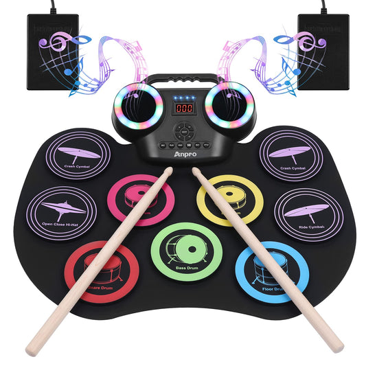 Anpro Nine-Sided Electronic Color Drum Kit, 8PCS Drum Practice Set, portable electric drum, built-in audio with headphone jack, LED color screen, Best Birthday Gift