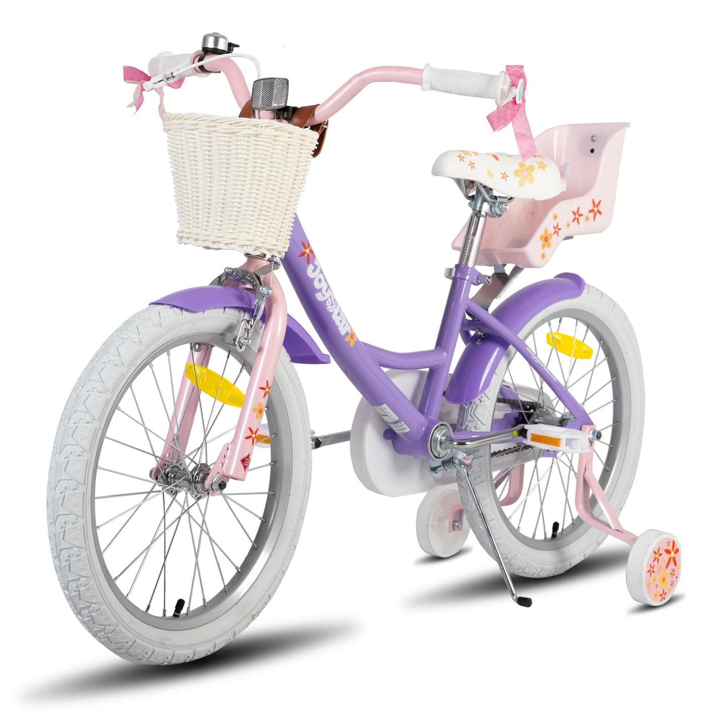 JOYSTAR Unicorn 18-inch kids bike for 6-9 year old girls, bike with doll seat & training wheels & basket streamer, bright purple.