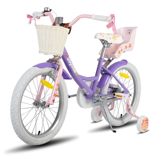 JOYSTAR Unicorn 18-inch kids bike for 6-9 year old girls, bike with doll seat & training wheels & basket streamer, bright purple.