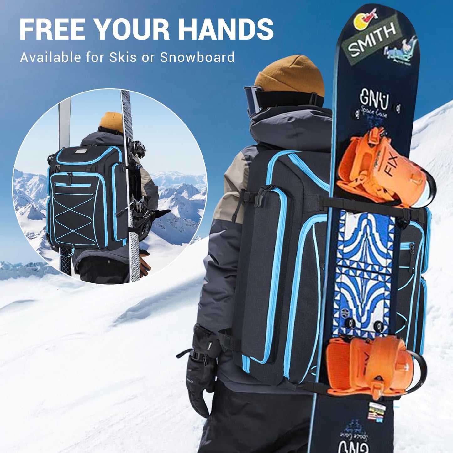 FIXITOK ski boot bag with helmet compartment and backpack straps, 60L ski backpack ski boot backpack with helmet pouch, ski bag siksack for ski boots, snowboard.