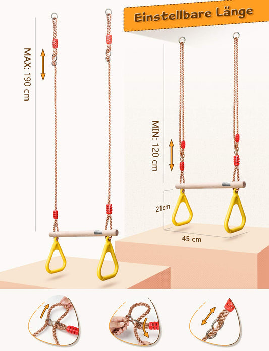 GHB Swing Trapeze Swing Swing Kids with plastic gymnastic rings for kids outdoor hanging capacity up to 120KG Yellow