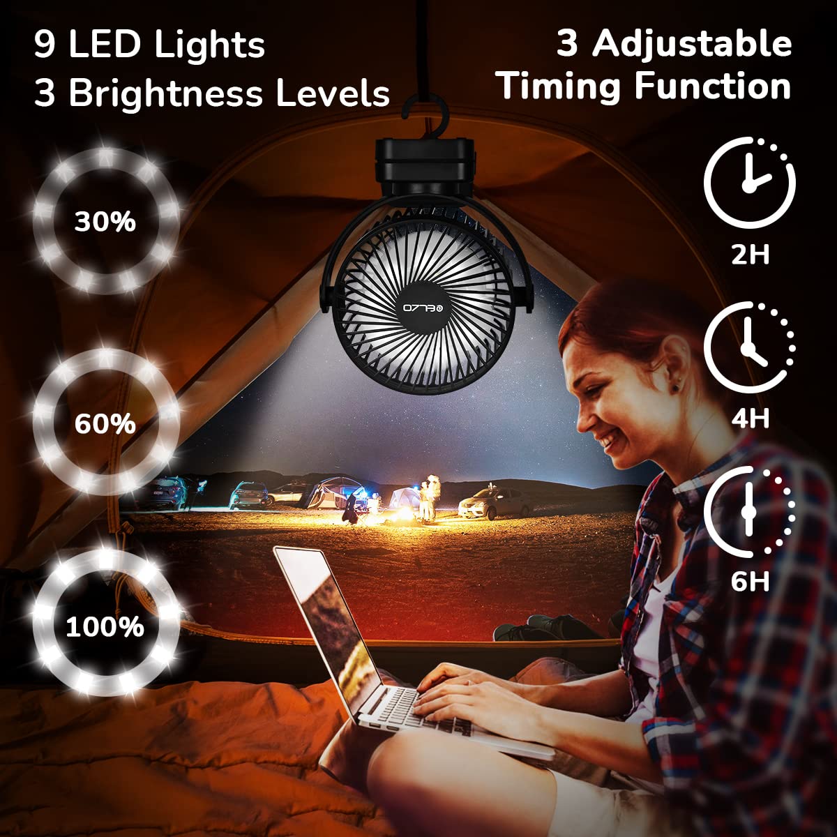 ELZO 12000mAh Camping Fan, Rechargeable Desk Fan USB Mini Fan with LED Light & Hook, 360° Rotation Quiet with Remote Control