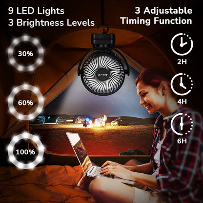 ELZO 12000mAh Camping Fan, Rechargeable Desk Fan USB Mini Fan with LED Light & Hook, 360° Rotation Quiet with Remote Control