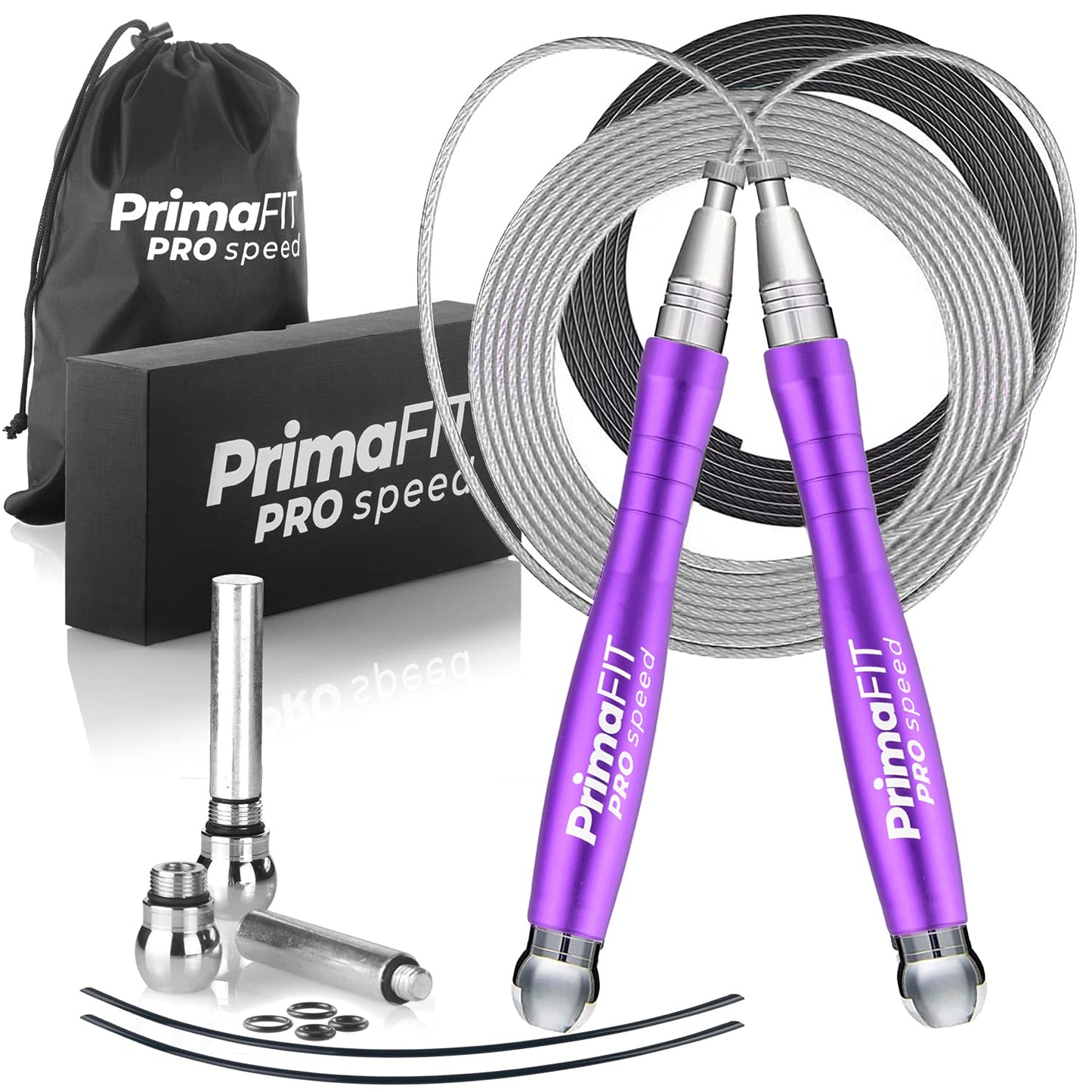 PrimaFIT adult Fitness Pro Speed Jump Rope 3m adjustable with weights, 2 ball bearings & anti-slip handles, professional skipping for boxing, MMA, Crossfit, extra steel rope, bag