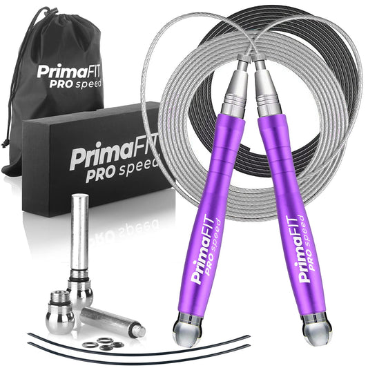 PrimaFIT adult Fitness Pro Speed Jump Rope 3m adjustable with weights, 2 ball bearings & anti-slip handles, professional skipping for boxing, MMA, Crossfit, extra steel rope, bag