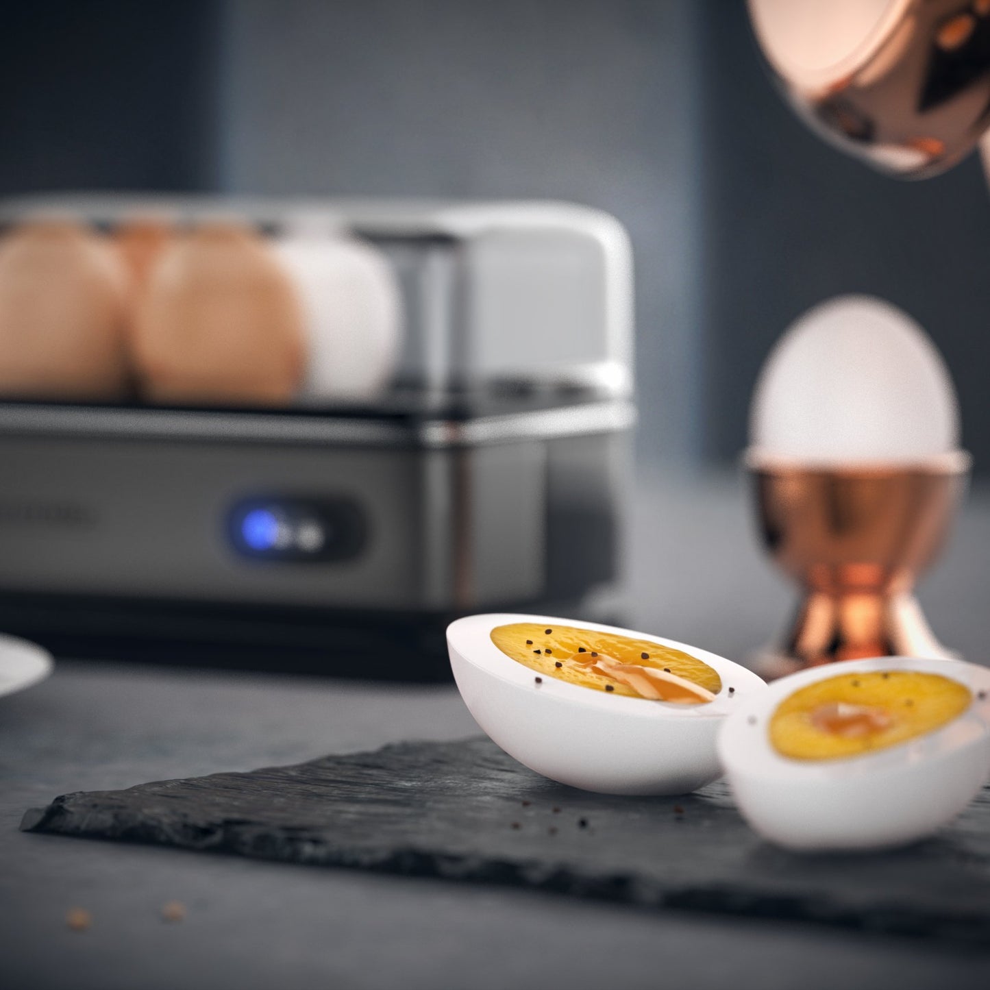 Arendo - SET egg cooker SIXCOOK with toaster FRUKOST stainless steel Cool Grey, Toaster 4 slices, LED display, 6 browning levels, bun holder - Egg cooker 1-6 eggs, measuring cup