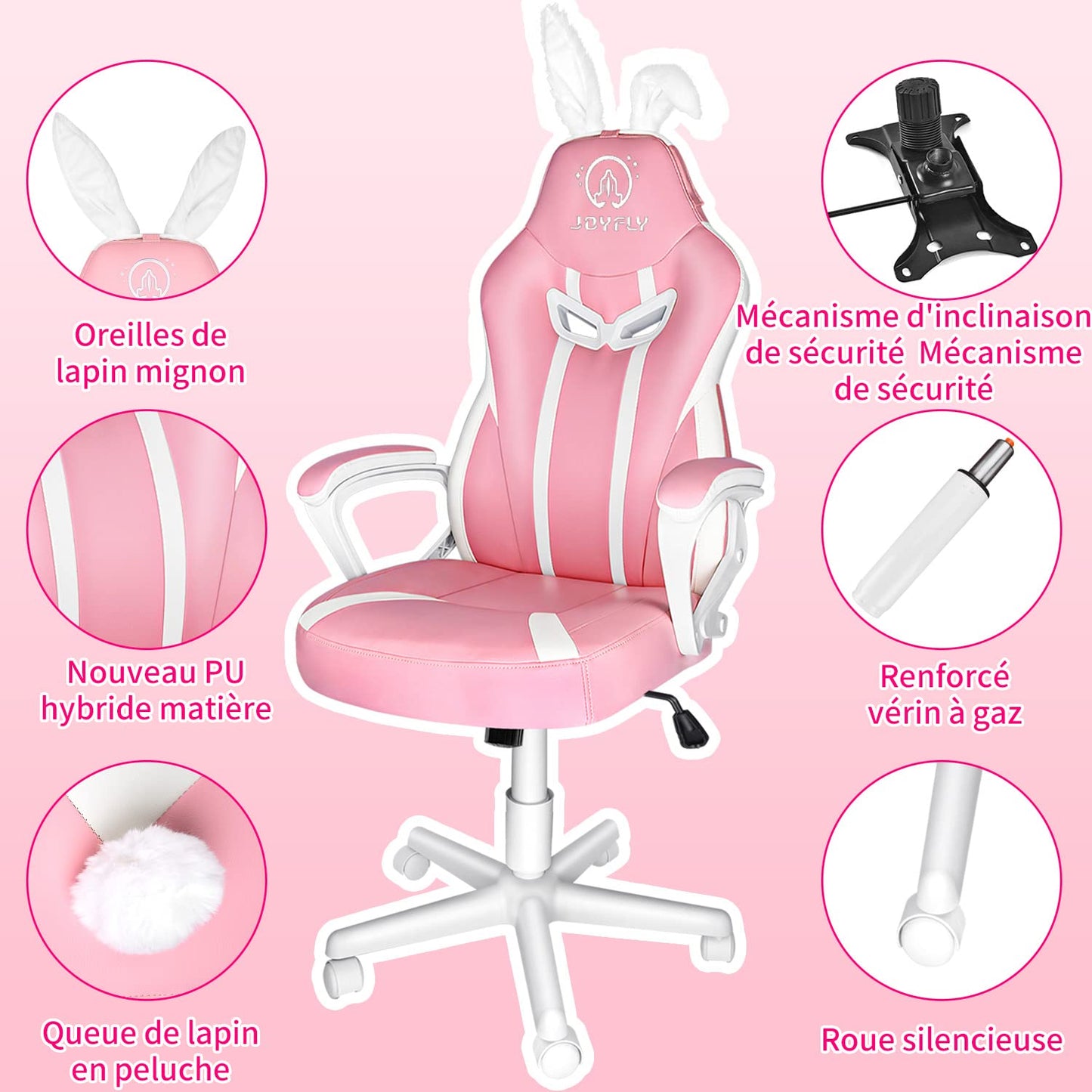 JOYFLY Pink Gaming Chair Office Chair Computer Chair PU Leather Ergonomic Gamer Chairs with cute bunny ears and tail Height Adjustable Lumbar Support (Pink)