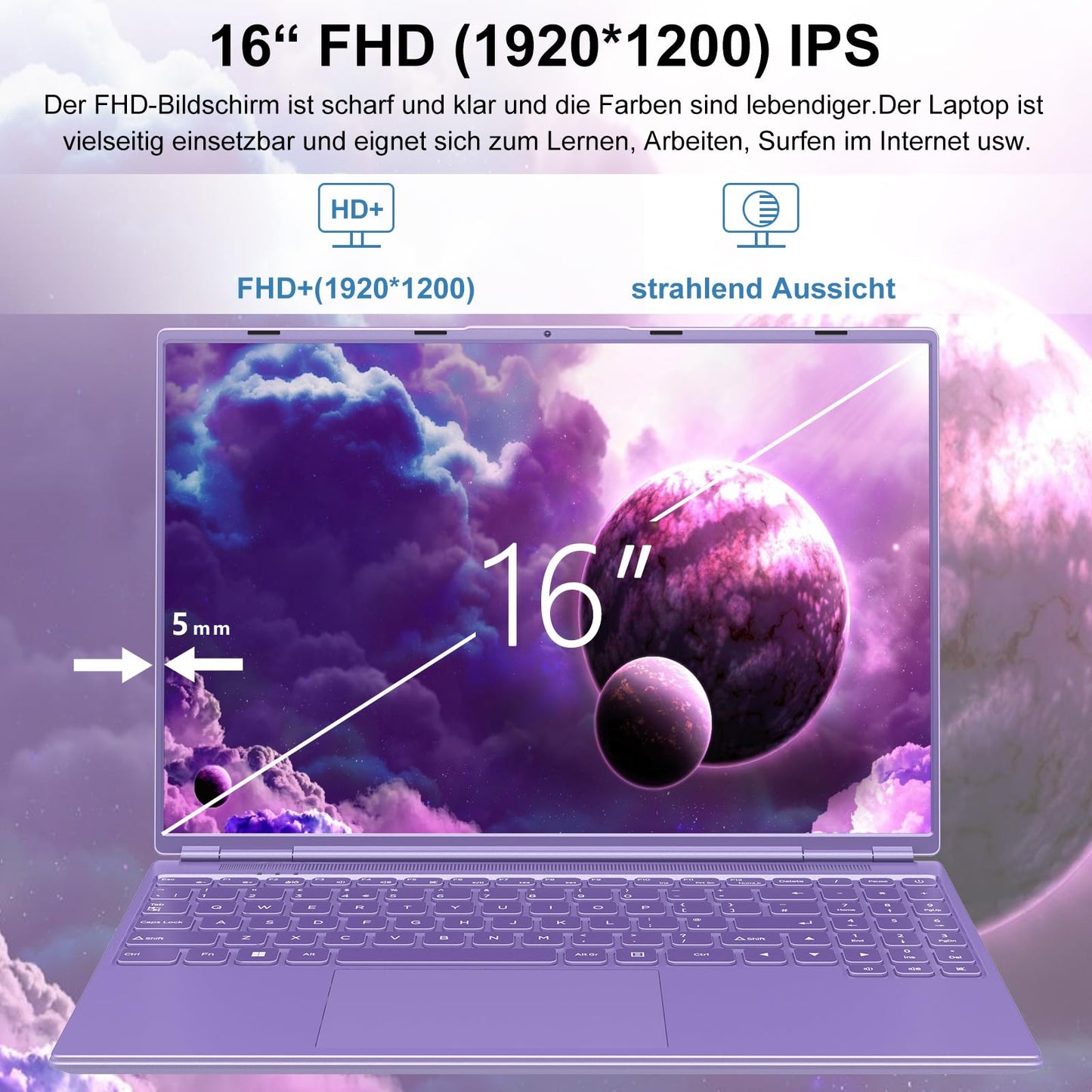 AOCWEI Laptop 16 inch 12GB RAM 512GB ROM Expandable 2.5" 1TB SSD, Laptop Win 11 with 4-Core CPU N5095 (up to 2.9 GHz), 1920*1200 | 5G WiFi | Bluetooth & German Keyboard Sticker-Purple.