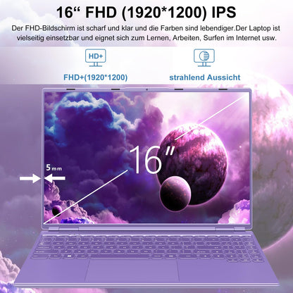 AOCWEI Laptop 16 inch 12GB RAM 512GB ROM Expandable 2.5" 1TB SSD, Laptop Win 11 with 4-Core CPU N5095 (up to 2.9 GHz), 1920*1200 | 5G WiFi | Bluetooth & German Keyboard Sticker-Purple.