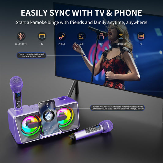 Karaoke Machine for Adults and Kids with 2 UHF Wireless Microphones, Portable Bluetooth Singing Speaker, PA System with Disco Lights, Cell Phone Holder for Home, Party, Picnic (Purple)