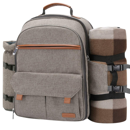 Sunflora picnic backpack set for 4 persons with insulated cooler and blanket, picnic basket for 4 persons for camping outdoor (beige)