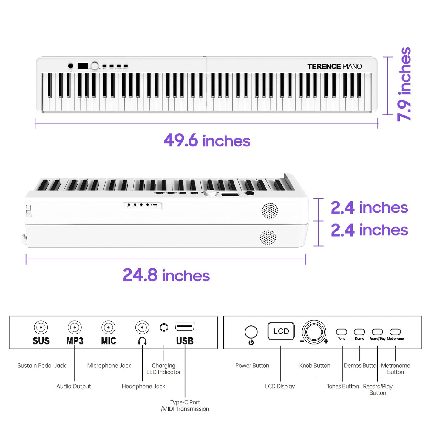 TERENCE 88-key piano Foldable keyboard with 1800mAh battery Support MIDI USB interface Piano app Bluetooth Music stand Stickers Audio cable Headphones Sustain pedal White