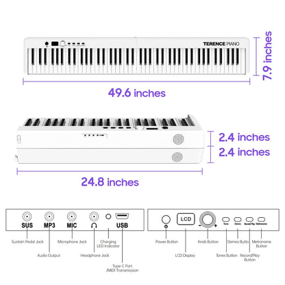 TERENCE 88-key piano Foldable keyboard with 1800mAh battery Support MIDI USB interface Piano app Bluetooth Music stand Stickers Audio cable Headphones Sustain pedal White