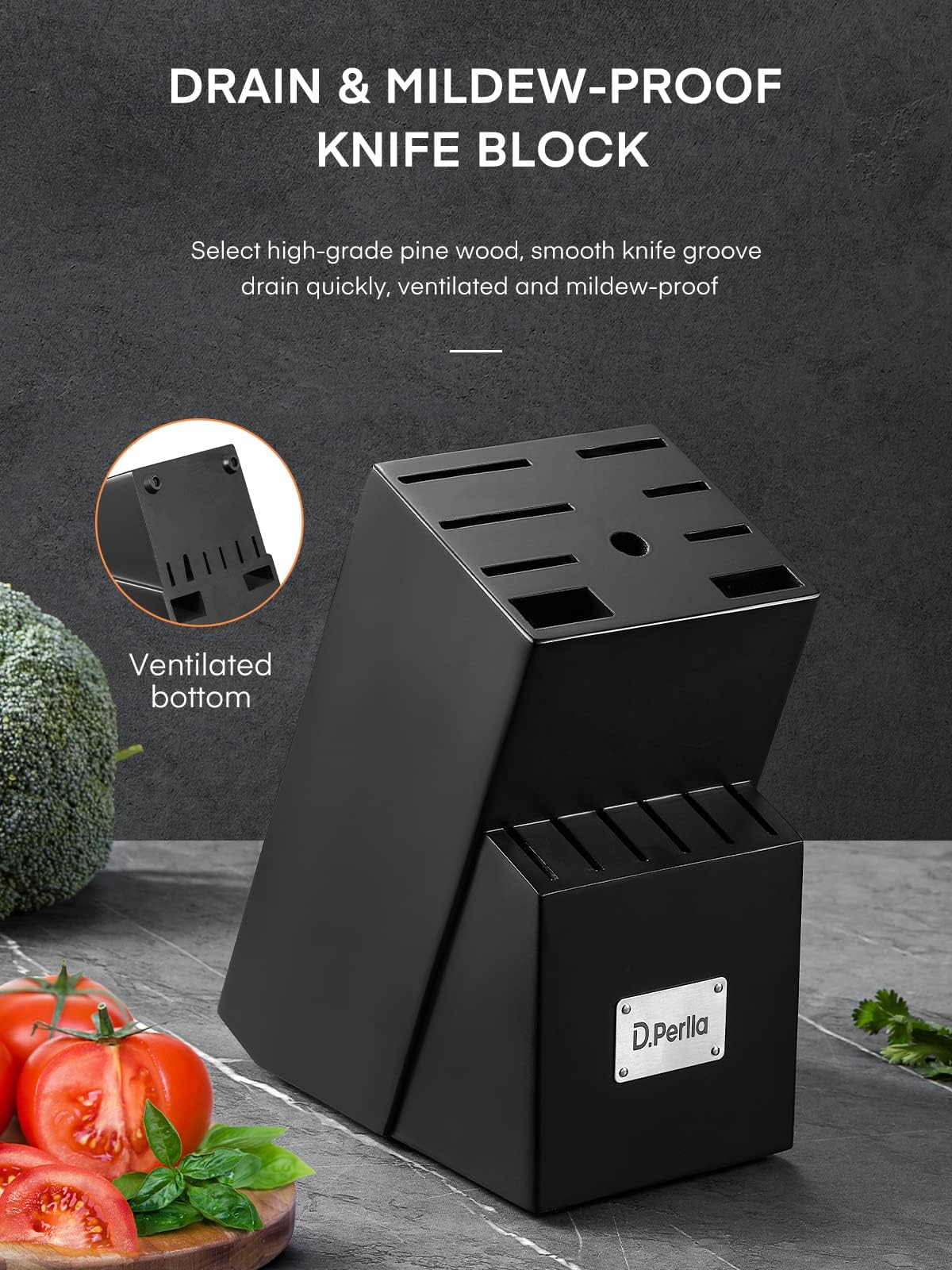D.Perlla knife block, 16-piece knife set with wooden handles, stainless steel kitchen knives set with wooden block, professional chef's knives with sharpening steel, black. Perfect gift for Mother's Day.
