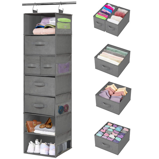 VERONLY hanging shelf with 7 compartments hanging organizer wardrobe organizer hanging storage fabric with 5 drawers and 8 mesh pockets foldable storage system for bedroom, camper camping (gray)