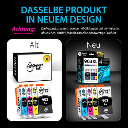 Smart Ink compatible printer cartridges as a replacement for HP 903 XL 903XL 4 Multipack (Black XL & Blue Red Yellow) with Advanced Chip Technology. Compatible with Officejet 6950 Officejet Pro 6960 6970 printers.