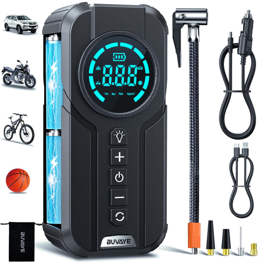 Portable air compressor 150PSI electric compressor, mini tire pump with digital LED display, 4 nozzle adapters, 12V rechargeable electric compressor for car, motorcycle, bike, balls.