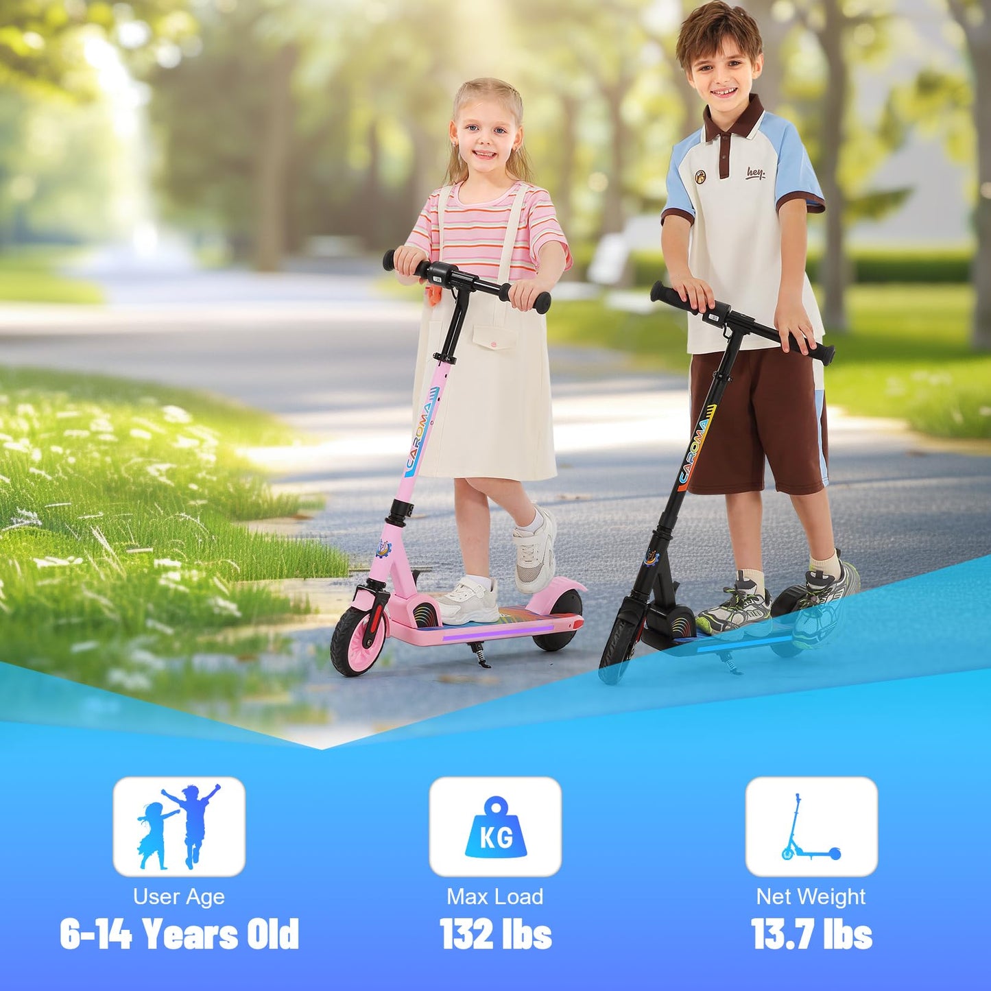 Caroma E-Scooter for kids aged 6-14, 180W motor, 16 km/h, 80 mins ride time, adjustable speed and height, colorful lights, LED display, foldable kids electric scooter