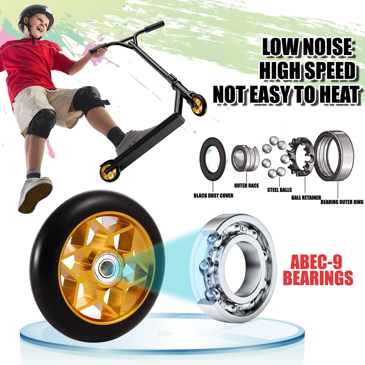 Stunt scooter wheels 110mm, stunt scooter tires 110mm, 110mm scooter wheels gold, stunt scooter wheels gold, 2 pieces freestyle scooter replacement wheels 110mm for chilli Cox Fuzion freestyle.