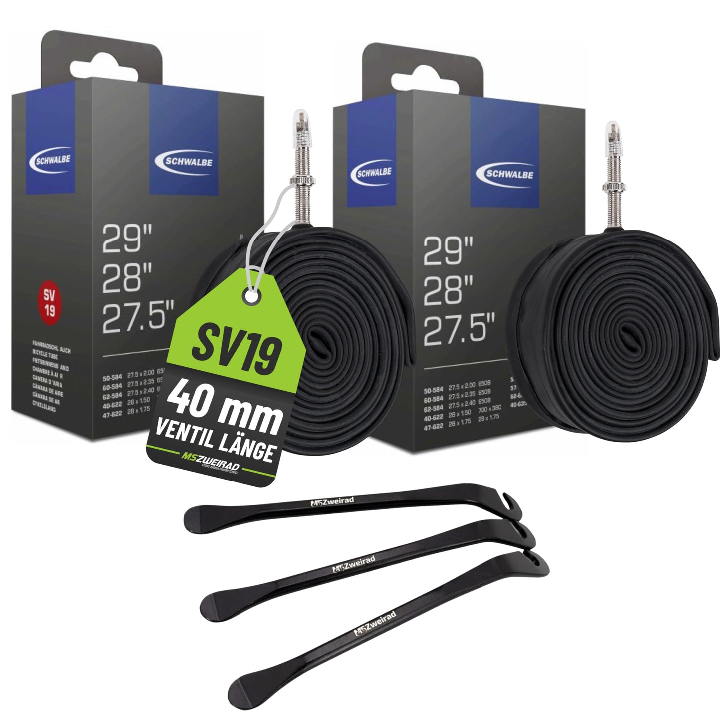 2X Schwalbe SV 19 bike tube 27.5 28 29 inch SV 40mm (40/62-584/635) + 3 MSZweirad tire levers