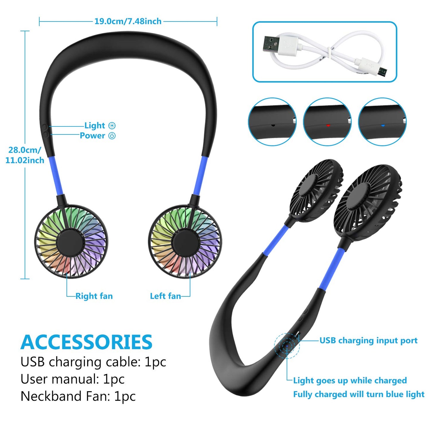 Ultra-light neck fan, USB neck fan, neck fan, quiet, 3 speeds, LED light, portable neck fan for outdoor, indoor, camping, travel, sports - black & blue.