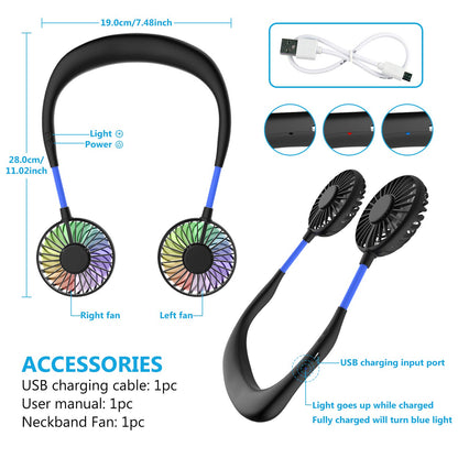 Ultra-light neck fan, USB neck fan, neck fan, quiet, 3 speeds, LED light, portable neck fan for outdoor, indoor, camping, travel, sports - black & blue.