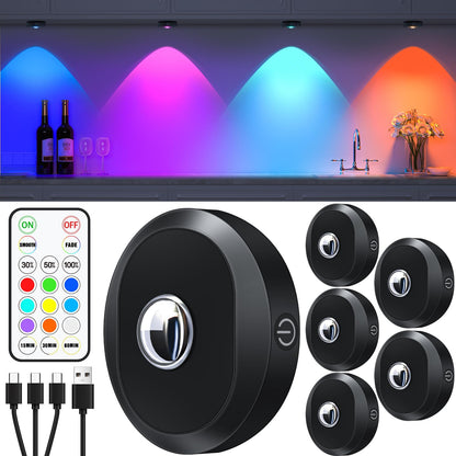 WILLED USB rechargeable RGB LED spots battery with remote control, color changing LED under cabinet light, magnetic dimmable battery cabinet lighting, wireless display lighting with timing function (6 pack)