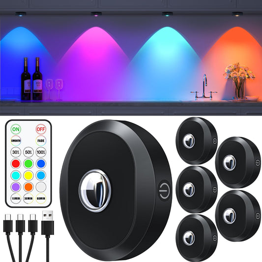 WILLED USB rechargeable RGB LED spots battery with remote control, color changing LED under cabinet light, magnetic dimmable battery cabinet lighting, wireless display lighting with timing function (6 pack)