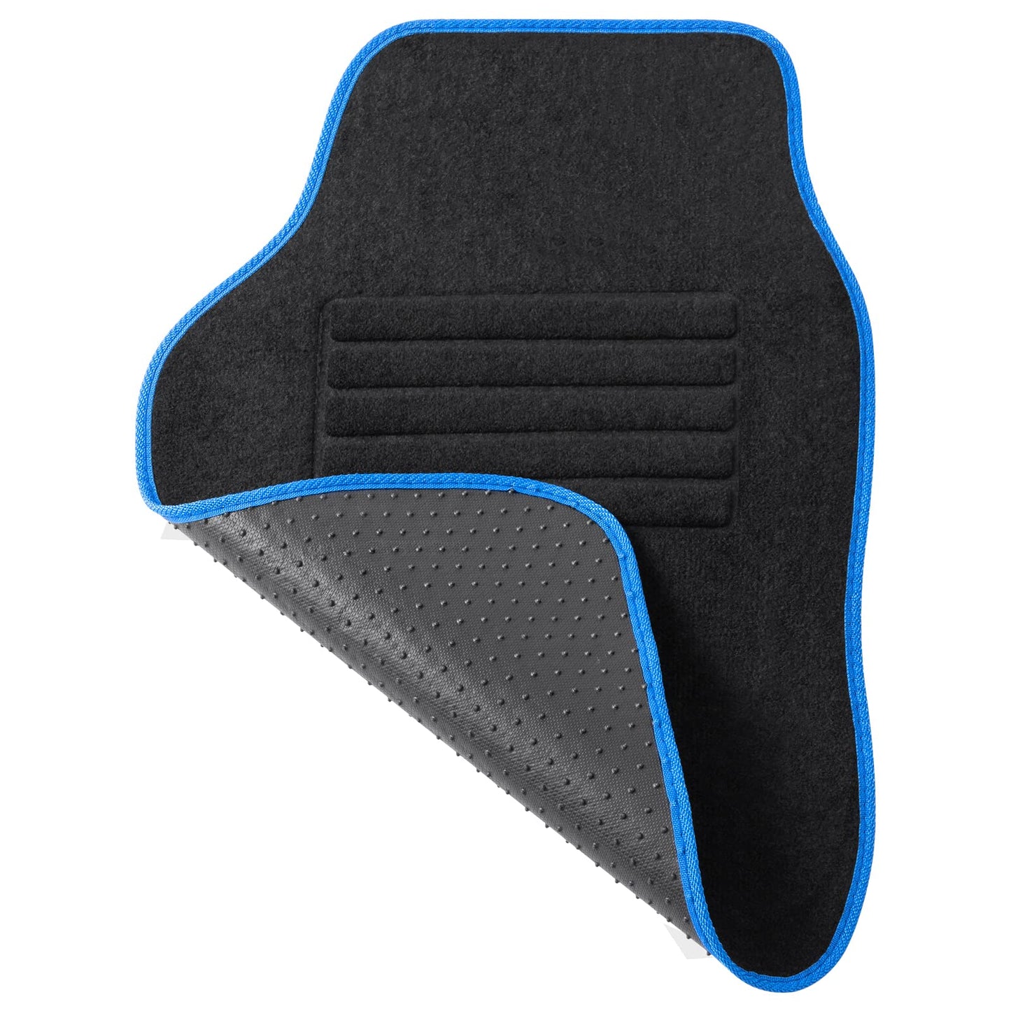 WOLTU car floor mat set with 4 mats, universal all-weather mats with embroidery. Car carpet against water, non-slip heel protectors made of carpet material. Black Blue.