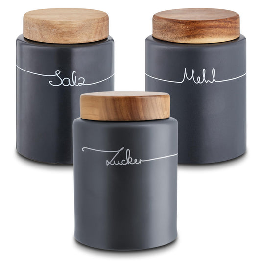 KHG Flour Sugar Salt Storage, 3-piece canister set, ceramic stoneware, anthracite grey, wooden lid bamboo, flour sugar salt pot, airtight seal, BPA-free