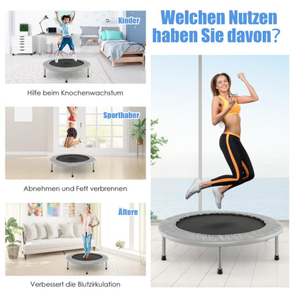 COSTWAY 97cm Mini Trampoline, foldable fitness trampoline for kids and adults up to 150kg, suitable for indoor and outdoor use. Available in grey.