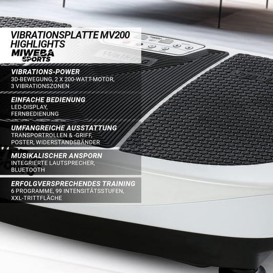 Miweba Sports Fitness 3D Vibration Plate MV200-3 Year Warranty - 400 Watts - 99 Intensity Levels - 3D Training - Bluetooth - LED Lighting - Remote Control - Resistance Bands (Black)
