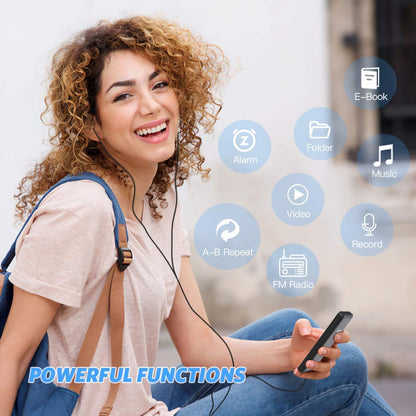 AGPTEK MP3 Player, 16GB lossless MP3 with 1.8 inch screen, 70 hours portable music player with headphones, FM radio, pictures, recordings, e-book, black.