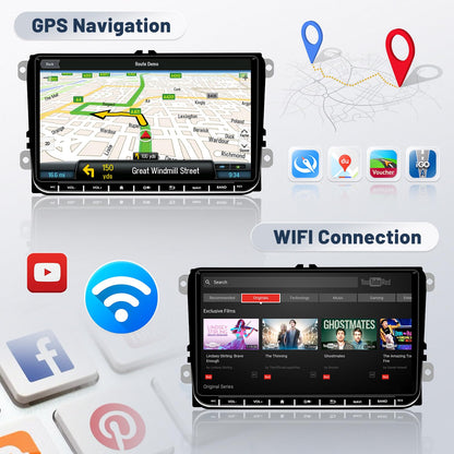 2+64G Android car radio for VW Golf 5 Golf 6 Skoda Passat B6 Passat B7. 9-inch touch display car stereo with GPS, WiFi, mirror link, Bluetooth, rearview camera, and microphone.