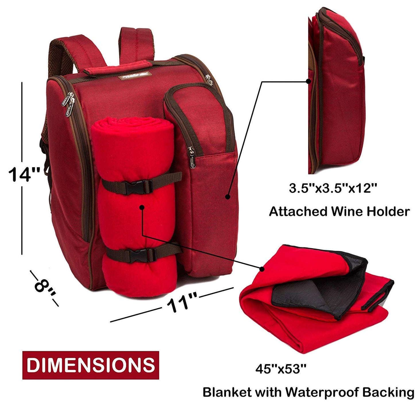 Apollo Walker picnic backpack 2-person picnic set (set & blanket) thermal bag coolers for camping, beach, hiking Red