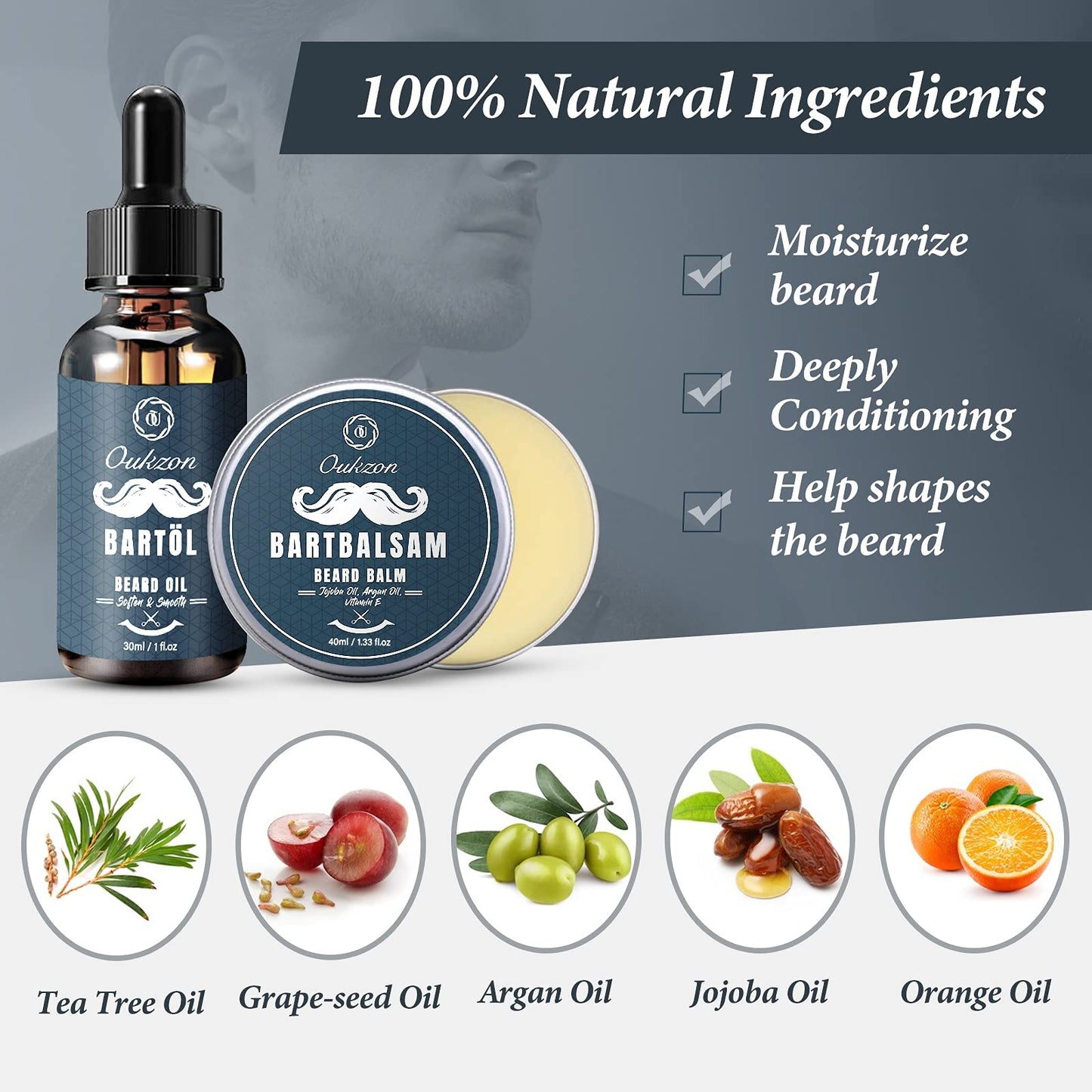 Beard grooming set for men, Oukzon 10 in 1 Premium Beard Gifts for Men - 60ML Beard Shampoo, 60ML Beard Conditioner, Beard Oil, Beard Balm, Beard Comb, Beard Brush, Beard Scissors, Beard Stencils, Travel Bag.