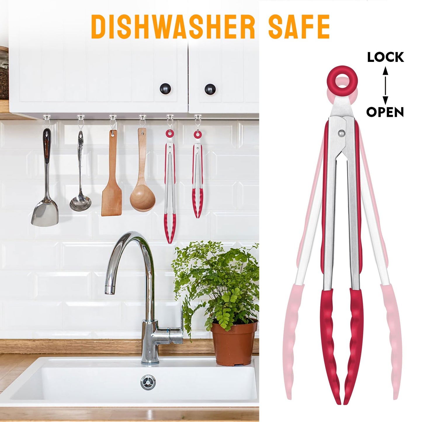 HOTEC High-quality stainless steel kitchen tongs with silicone tips, set of 2 - 9" and 12" (red)